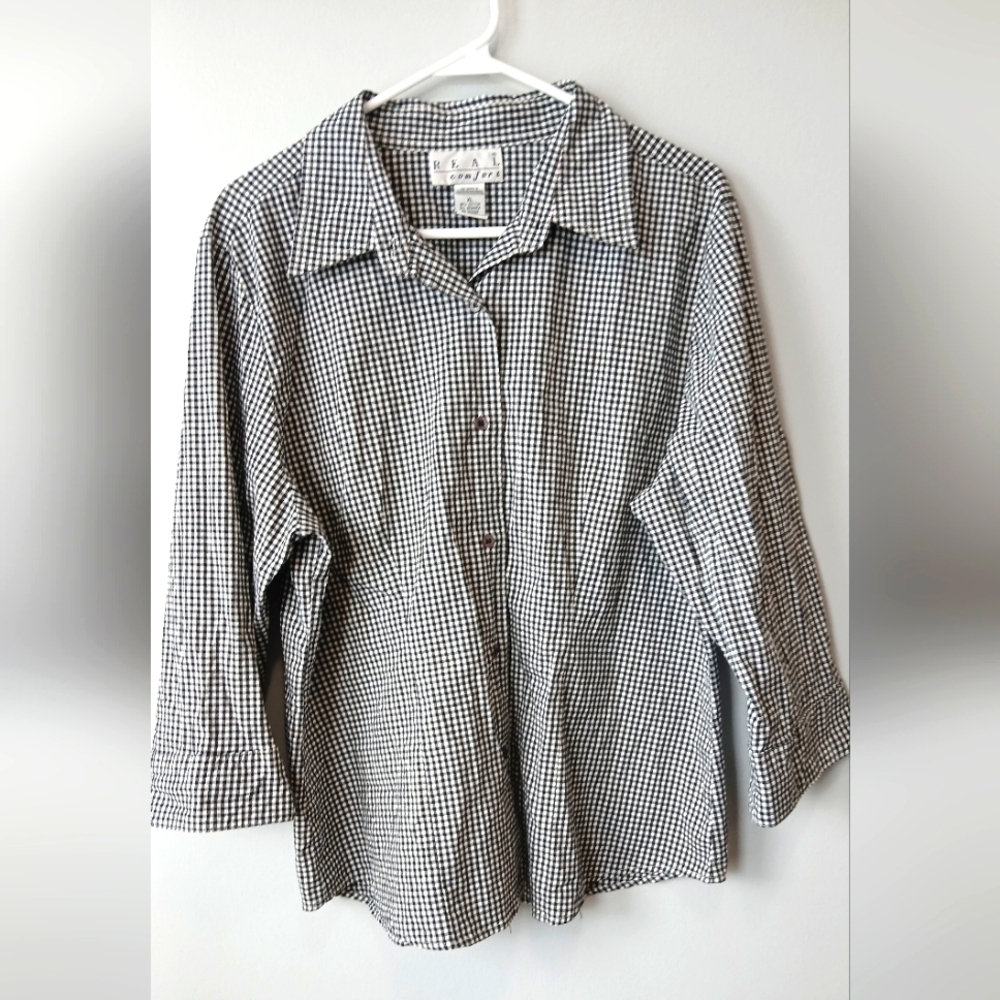 Real Comfort Black & White Gingham Button Down Shirt Woman's XL Office Casual